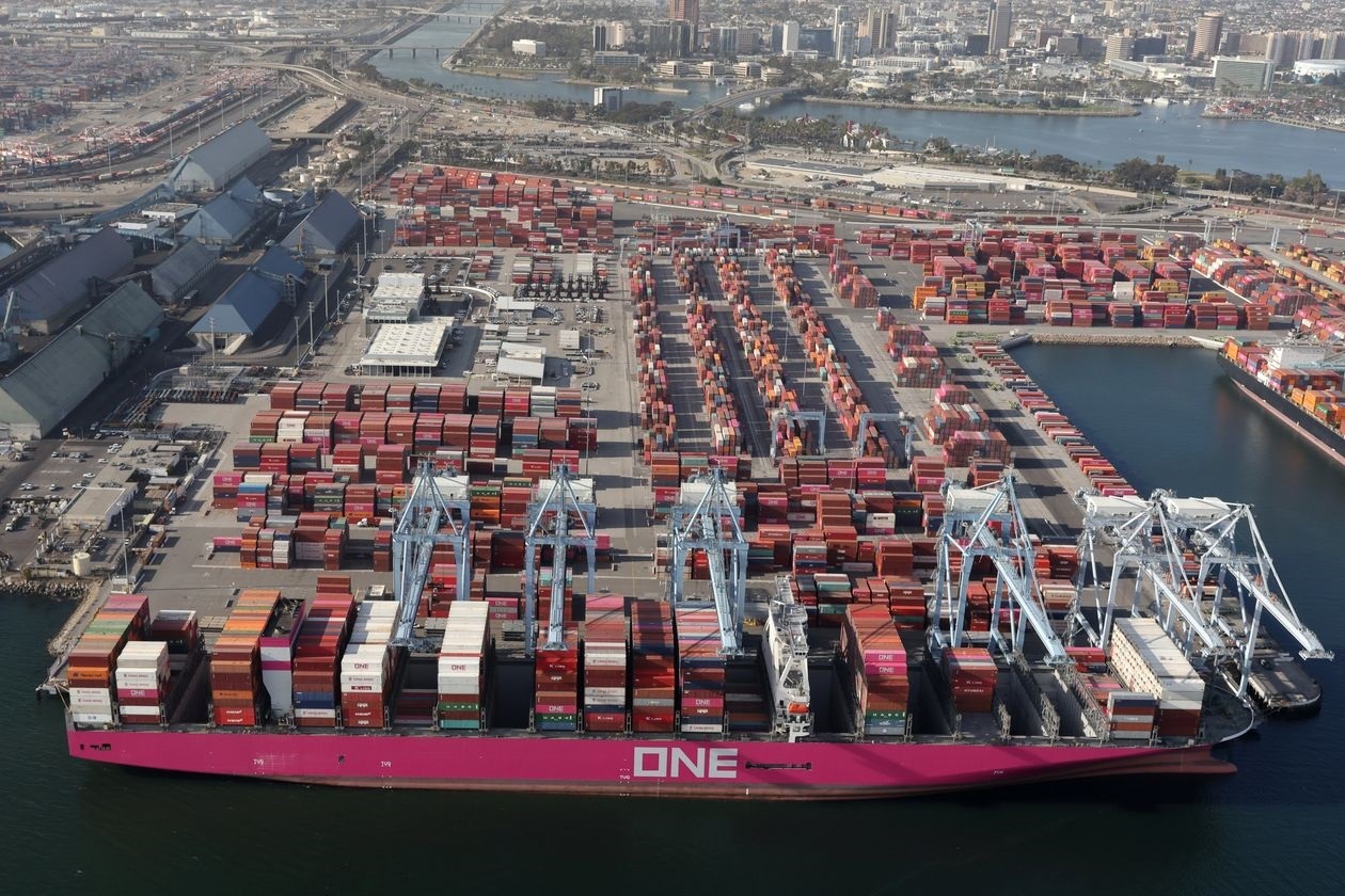 Shipping containers are unloaded from an Ocean Network Express container ship at the Port of Los Angeles in April.