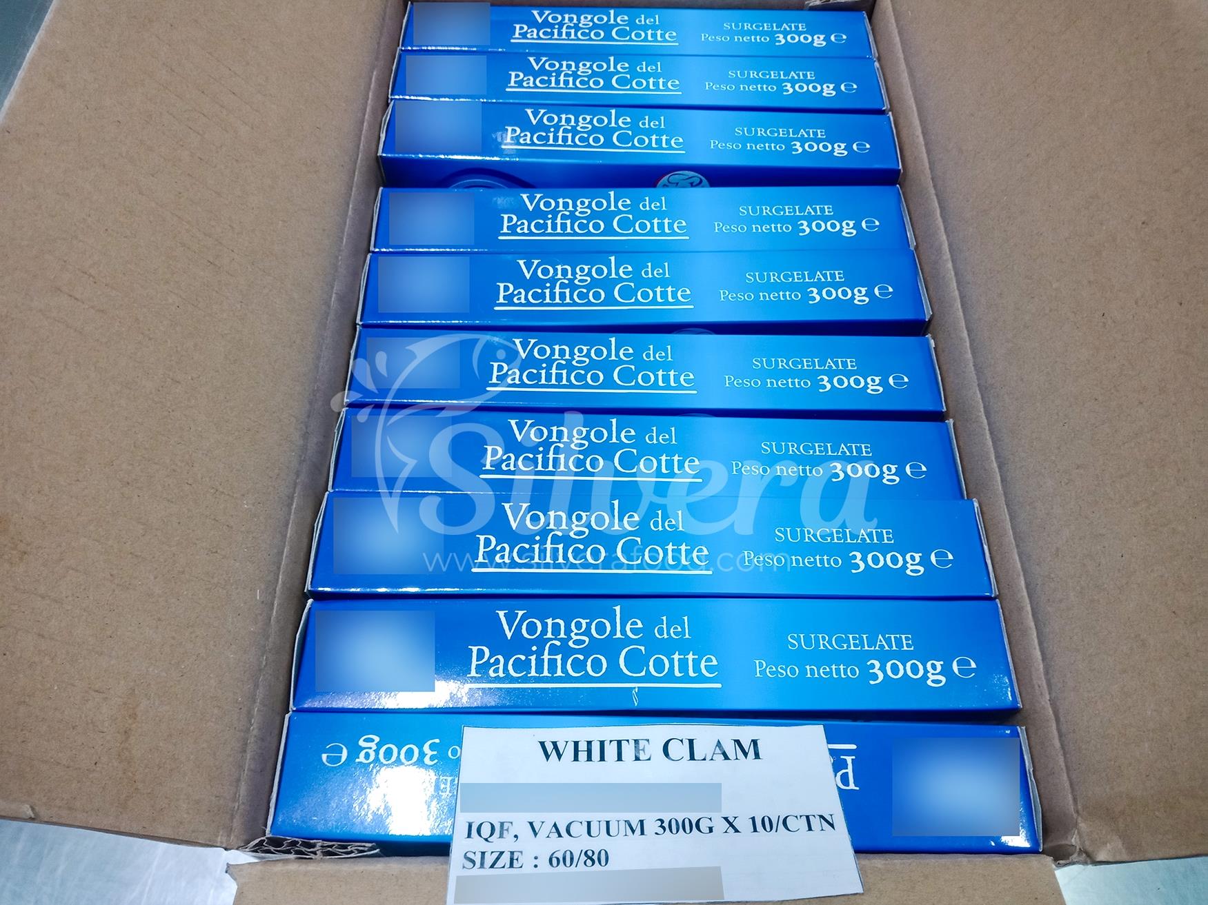 Retail printed boxes of fully cooked whole white clams